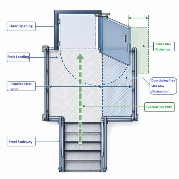 Illustration of landing dimensions and door swing requirements