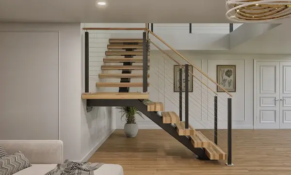 Mono stringer floating stairs supported by a single structural beam