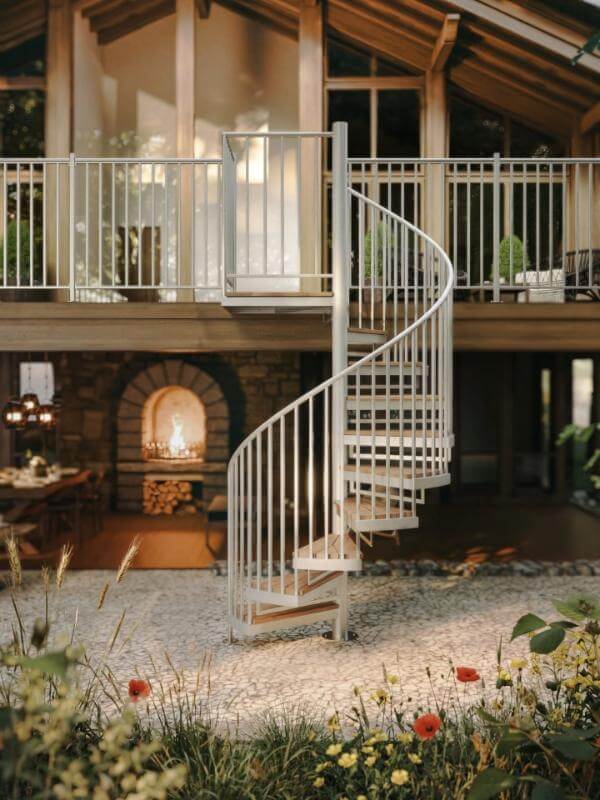 White metal-frame spiral staircase installed on an outdoor deck